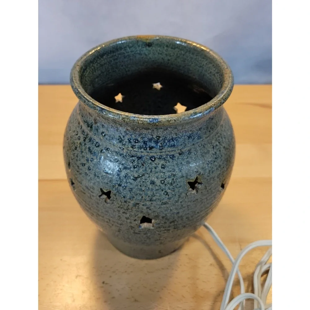 Hand Made Pottery Night Light Moon Stars Electric blue grey 7.5” tall